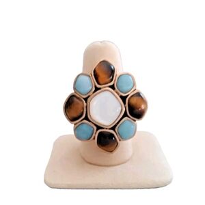 Barse Chunky Ring Women's Size 7.5 Brass Natural Stones in Flower Pattern Signed